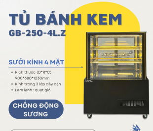 Tủ Bánh Kem GB-250-4L.Z  3 Tầng 0.9m - Sưởi Kính, Chống Đọng Sương 4 Mặt