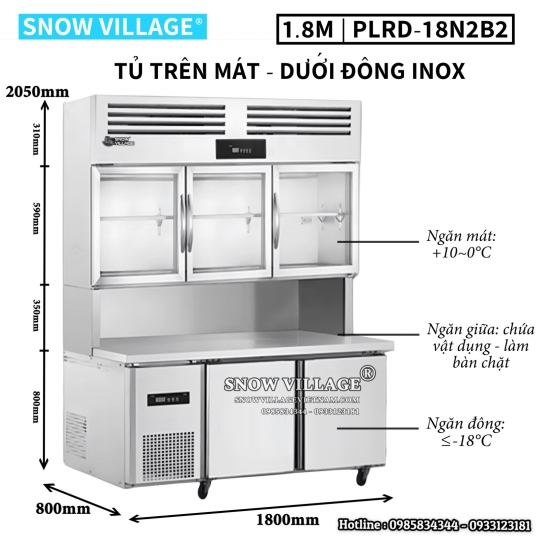 Tủ trên mát - dưới đông inox 1.8m PLRD-18N2B2