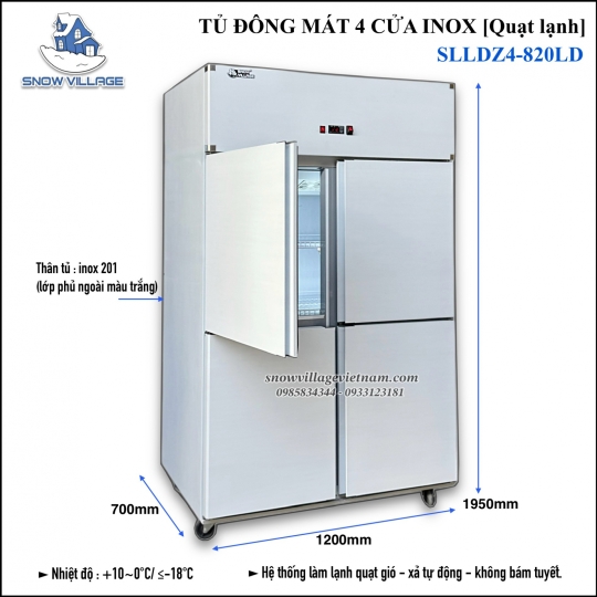 Tủ đông 4 cánh inox quạt lạnh SLLDZ4-820LD