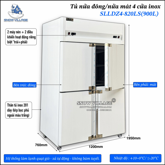 Tủ nửa đông + nửa mát 4 cánh inox 900L SLLDZ4-820LS