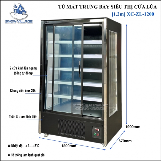 Tủ mát siêu thị 2 cửa kính lùa 1.2m XC-ZL-1200