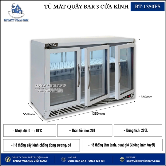 Tủ mát quầy bar 3 cửa kính BT-1350FS
