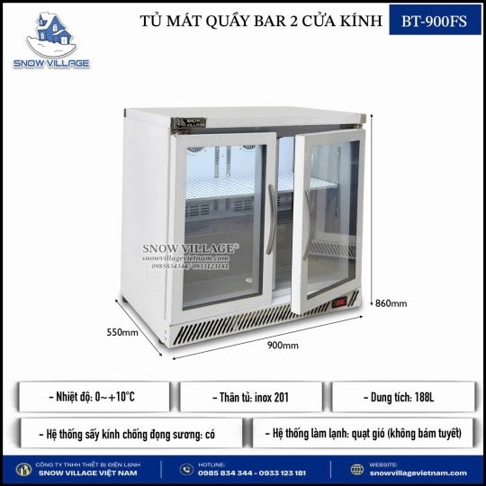 Tủ mát quầy bar 2 cửa kính BT-900FS
