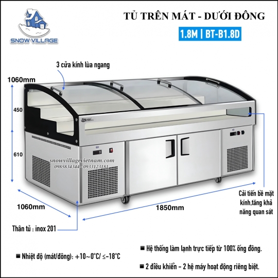 Tủ trưng bày trên mát-dưới đông (dạng nằm) BT-B1.8D