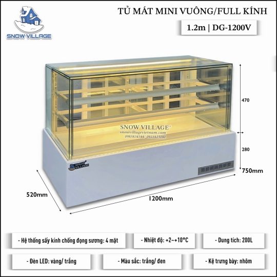 Tủ mát mini vuông full kính 1.2m DG-1200V