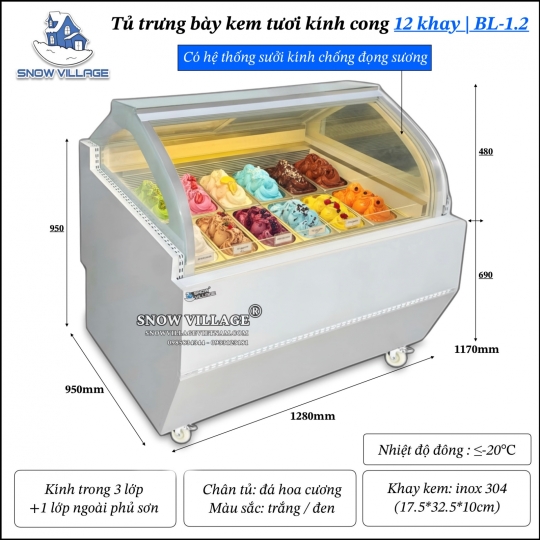 Tủ đông trưng bày kem kính cong 12 khay BL-1.2