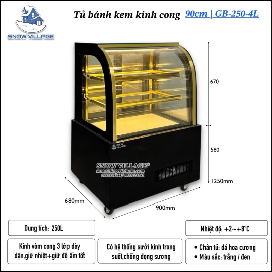 Tủ bánh kem kính cong 90cm 3 tầng