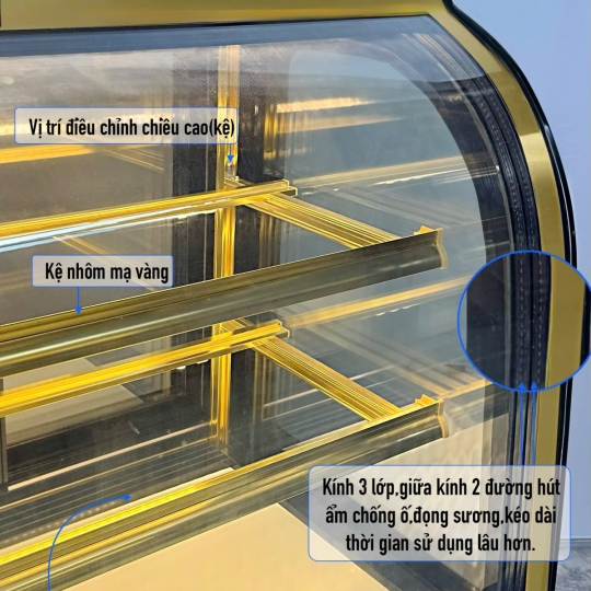 Tủ bánh kem kính cong 90cm 3 tầng