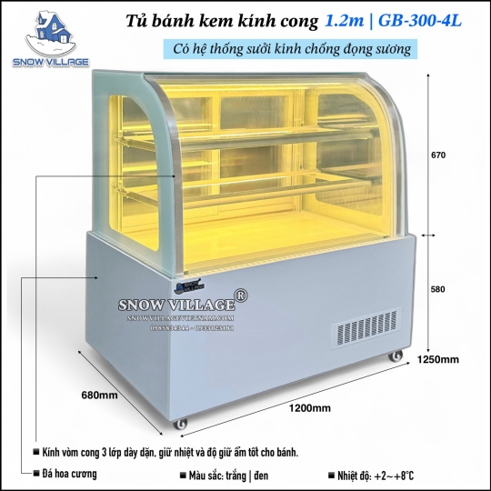 Tủ bánh kem kính cong 1.2m 3 tầng
