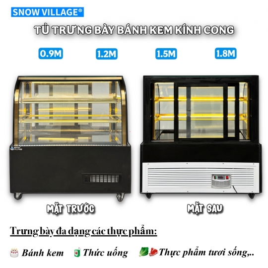 Tủ bánh kem kính cong 1.2m 3 tầng