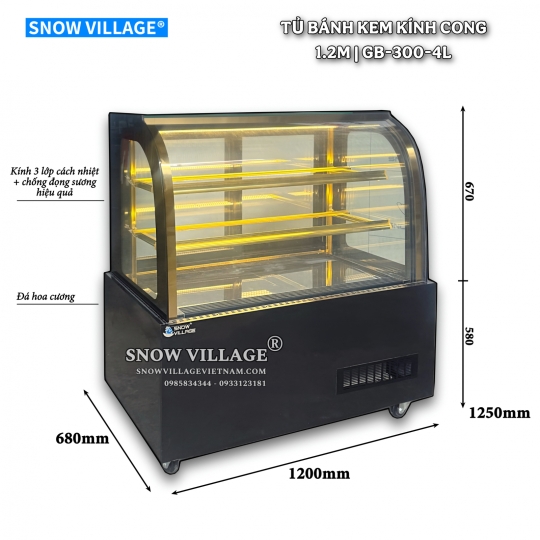 Tủ bánh kem kính cong 1.2m 3 tầng