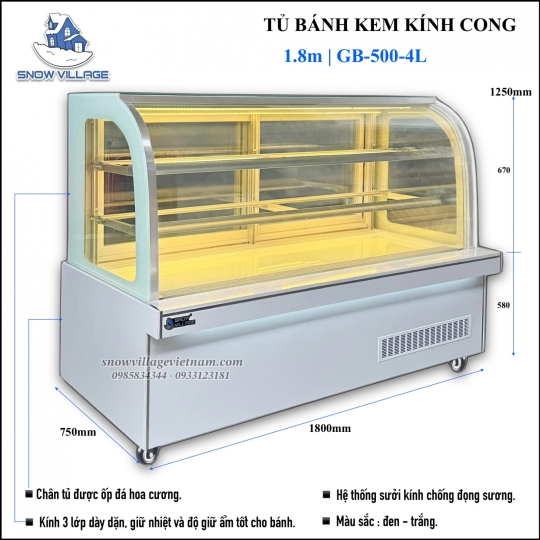 Tủ bánh kem kính cong 1.8m 3 tầng