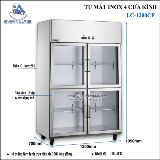 Tủ mát inox 4 cửa kính LC-1200CF4