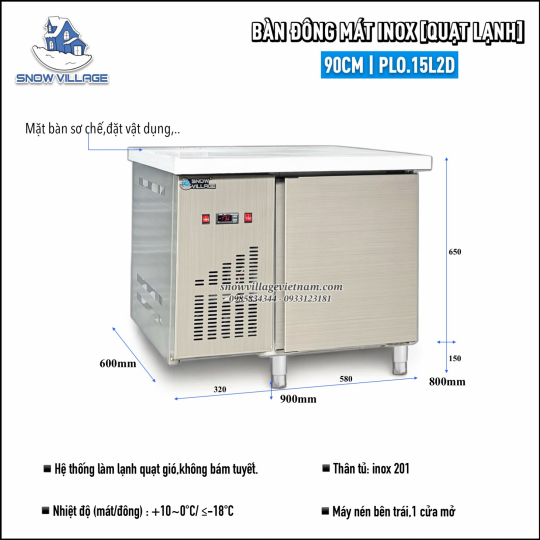 Bàn đông mát quạt lạnh 90cm PLO.15L2D