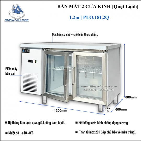 Bàn mát 2 cửa kính 1.2m Quạt lạnh PLO.18L2Q