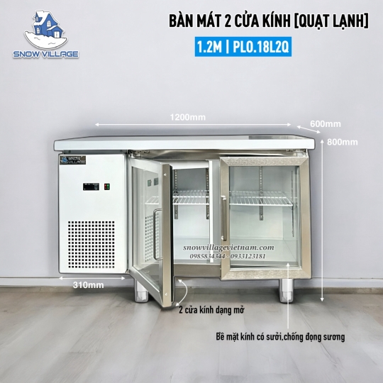 Bàn mát 2 cửa kính 1.2m Quạt lạnh PLO.18L2Q