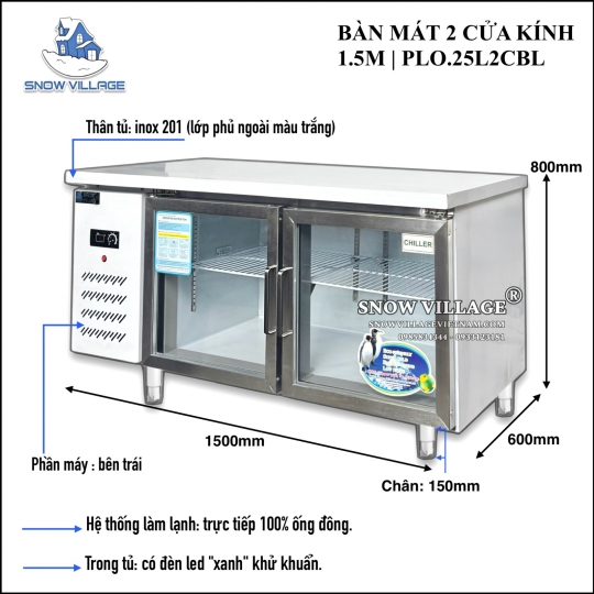 Bàn mát cửa kính 1.5m PLO.25L2CBL