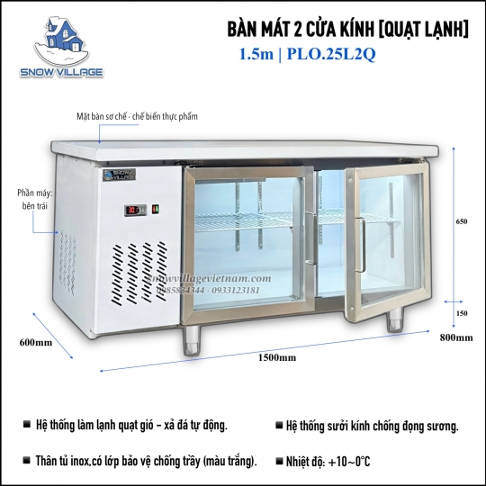 Bàn mát 2 cửa kính 1.5m Quạt lạnh PLO.25L2Q
