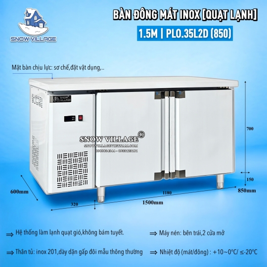 Bàn đông mát inox 1.5m cao cấp PLO.35L2D 850