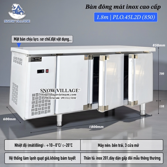 Bàn đông mát inox 1.8m cao cấp PLO.45L2D 850