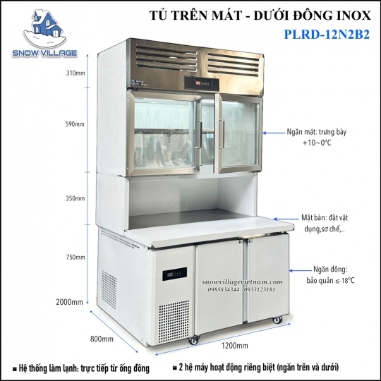 Tủ trên mát - dưới đông inox 1.2m PLRD-12N2B2