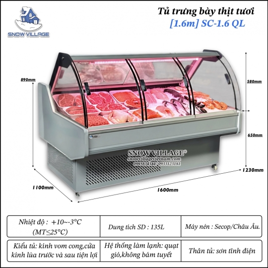 Tủ mát trưng bày-bảo quản thịt tươi 1.6m SC-1.6QL
