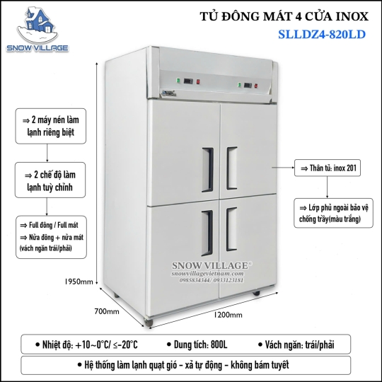 Tủ đông 4 cánh inox quạt lạnh SLLDZ4-820LD