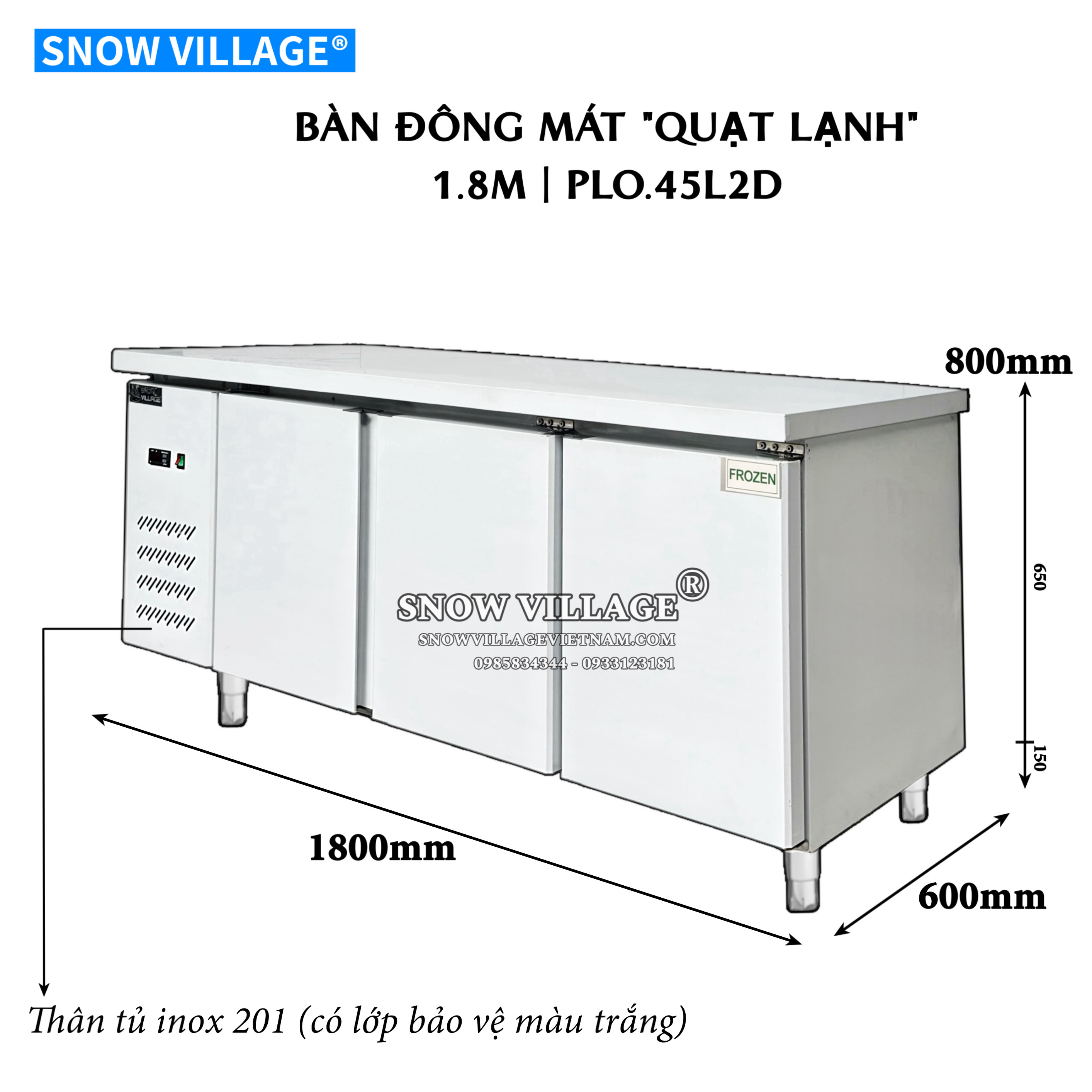 Bàn lạnh 3 cửa Inox PLO.45L2D