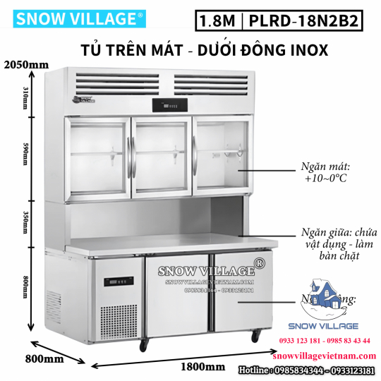 Tủ trên mát - dưới đông inox 1.8m PLRD-18N2B2