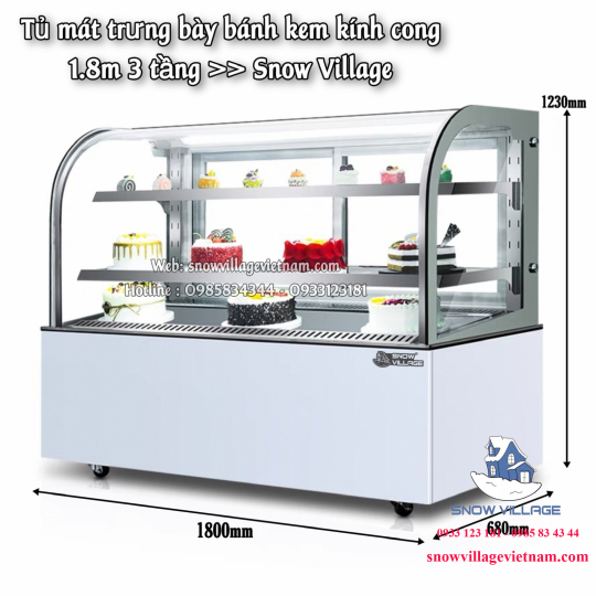 Tủ bánh kem kính cong 1.8m 3 tầng