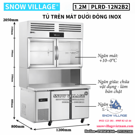 Tủ trên mát - dưới đông inox 1.2m PLRD-12N2B2