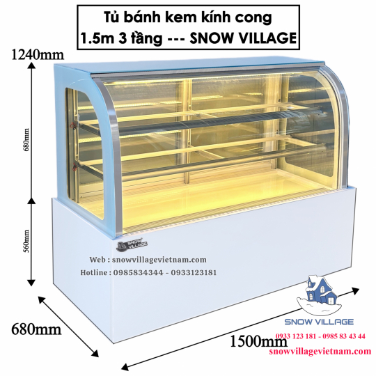 Tủ bánh kem kính cong 1.5m 3 tầng