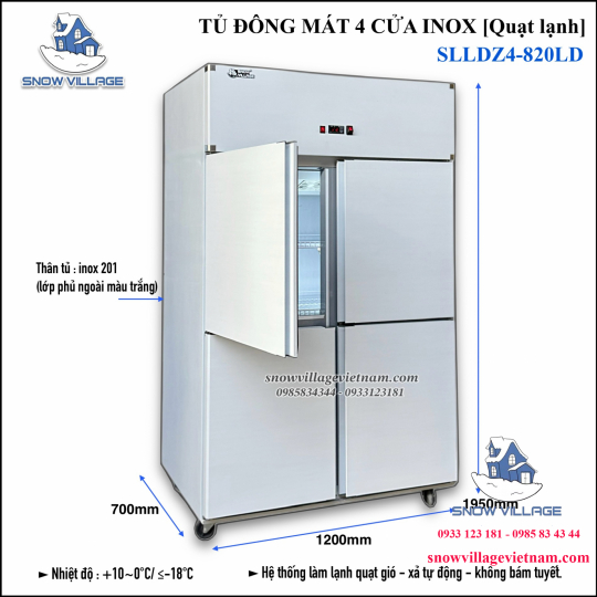 Tủ đông 4 cánh inox quạt lạnh SLLDZ4-820LD