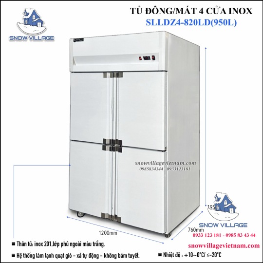 Tủ đông mát 4 cánh inox 950L
