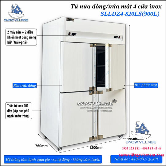 Tủ nửa đông + nửa mát 4 cánh inox 900L SLLDZ4-820LS