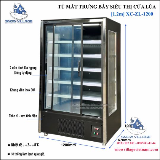 Tủ mát siêu thị 2 cửa kính lùa 1.2m XC-ZL-1200