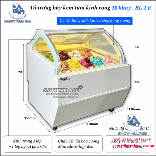 Tủ đông trưng bày kem  kính cong 10 khay BL-1.0