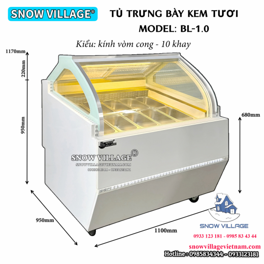 Tủ đông trưng bày kem  kính cong 10 khay BL-1.0