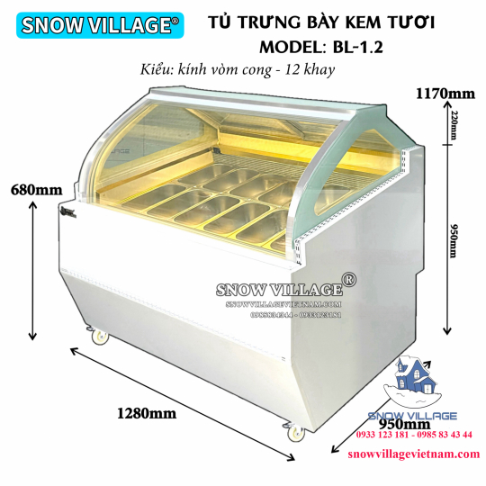Tủ đông trưng bày kem kính cong 12 khay BL-1.2