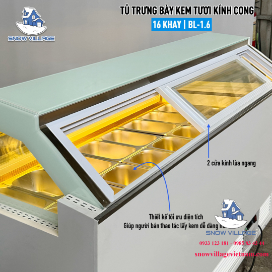 Tủ trưng bày kem kính cong 16 khay BL-1.6