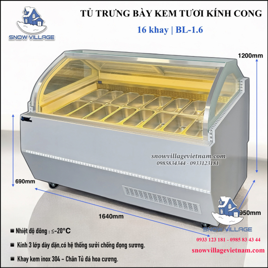 Tủ trưng bày kem kính cong 16 khay BL-1.6