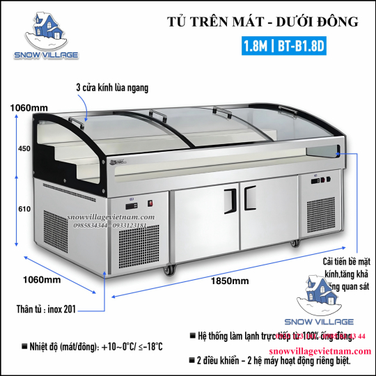 Tủ trưng bày trên mát-dưới đông (dạng nằm) BT-B1.8D
