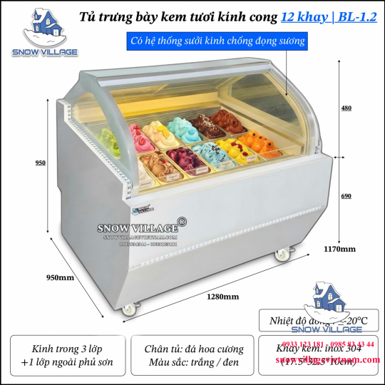 Tủ đông trưng bày kem kính cong 12 khay BL-1.2