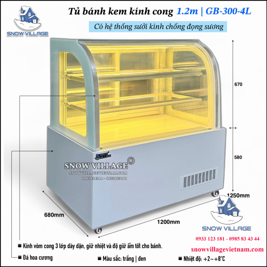 Tủ bánh kem kính cong 1.2m 3 tầng
