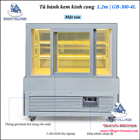 Tủ bánh kem kính cong 1.2m 3 tầng