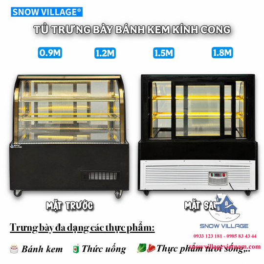 Tủ bánh kem kính cong 1.2m 3 tầng
