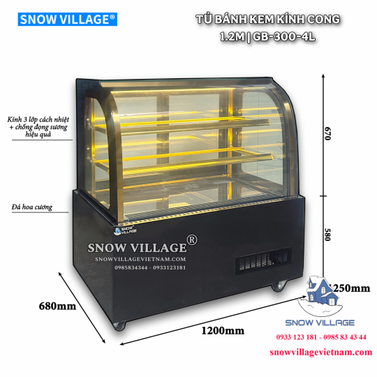 Tủ bánh kem kính cong 1.2m 3 tầng