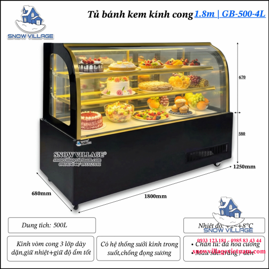 Tủ bánh kem kính cong 1.8m 3 tầng