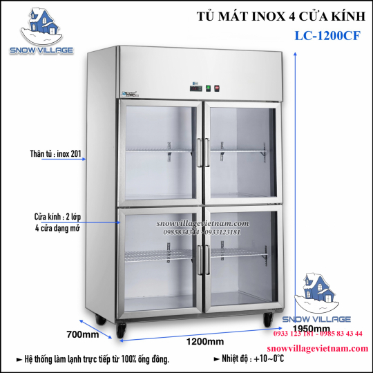 Tủ mát inox 4 cửa kính LC-1200CF4