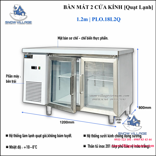 Bàn mát 2 cửa kính 1.2m Quạt lạnh PLO.18L2Q